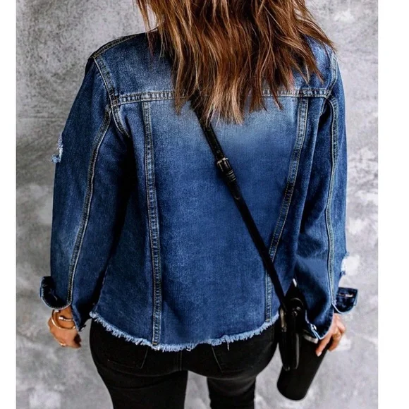 Medium Wash Distressed Frayed Hem Button Jean Jacket - Picture 4 of 6